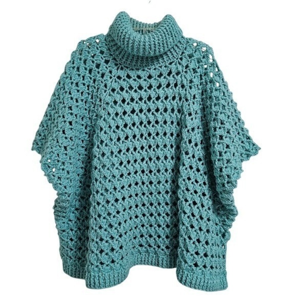 Handmade Crochet Poncho Womens OS Teal Turtleneck‎ Shell Knit Oversized Sweater